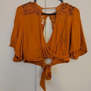Lacy Mustard Yellow Plunging Back-Tie Summer Crop